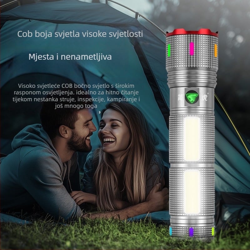 Vanjska LED svjetiljka s dvostrukim osvjetljenjem, izvučni zum, COB bočno svjetlo, baterija 12000mAh, kućište od aluminijske legure