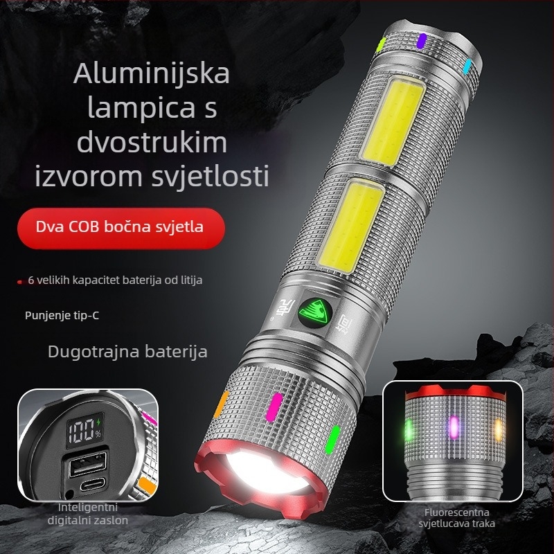 Vanjska LED svjetiljka s dvostrukim osvjetljenjem, izvučni zum, COB bočno svjetlo, baterija 12000mAh, kućište od aluminijske legure