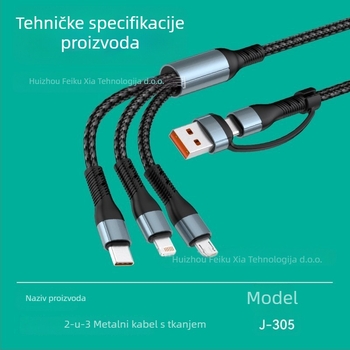 Pet u jednom 200W brzog punjenja kabel za podatke s Lightning, OTG, Micro USB i Type-C, duljina 1,2 m, pleteni kabel