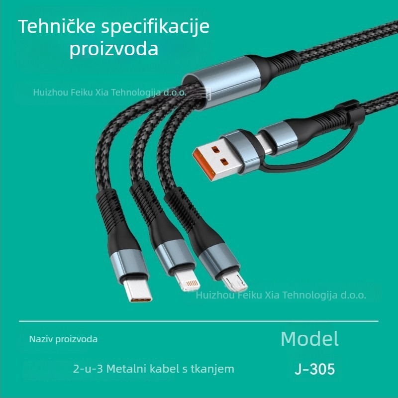 Pet u jednom 200W brzog punjenja kabel za podatke s Lightning, OTG, Micro USB i Type-C, duljina 1,2 m, pleteni kabel