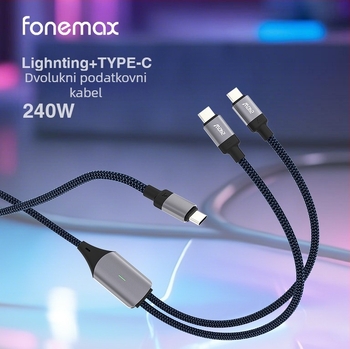 Upleteni USB-C kabel za Apple brzo punjenje 240W, podijeljeno na dvije grane, za prijenosno računalo, tablet i iPhone 17