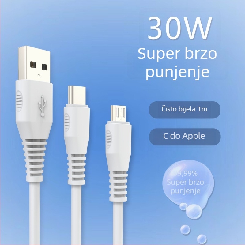 Lightning na Micro-USB kabel za punjenje, 30W brzo punjenje, duljina 1–2 m, bijela, za prijenosna računala i tablete
