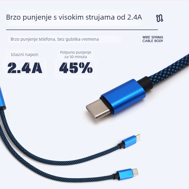 Type-C najlonski pleteni kabel za podatke, 100W, podjela 1 na 2, kabel 2-u-1 za tablet