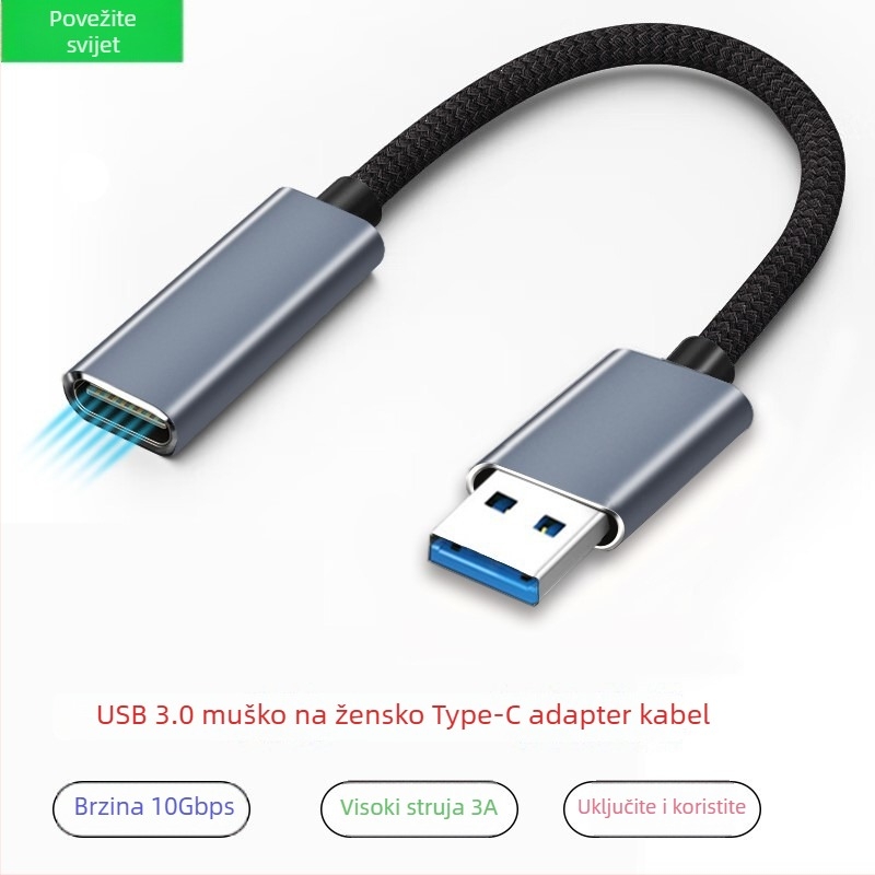 USB-C ženski na USB 3.1 produžni kabel OTG; sučelje 21192447953; prijenos podataka do 10Gbps; bakrena jezgra premazana tinom; PVC omotnica; maksimalno 3A