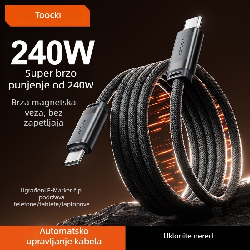 Tucci USB-C kabel za podatke s magnetskim pohranjem, 240W brzo punjenje, PD kompatibilan, aluminijska legura