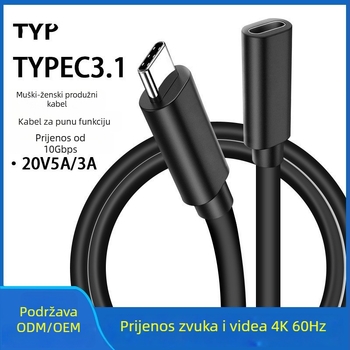 USB-C 3.1 potpuno funkcionalan podatkovni kabel za prijenos zvuka i videa, 4K60Hz, USB-C muški i ženski produžni kabel, 16 vodova