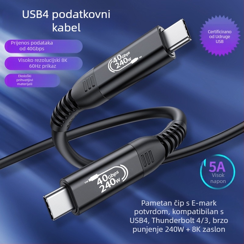USB4 Type-C kabel s Thunderbolt 5, 40Gbps, 240W brzo punjenje