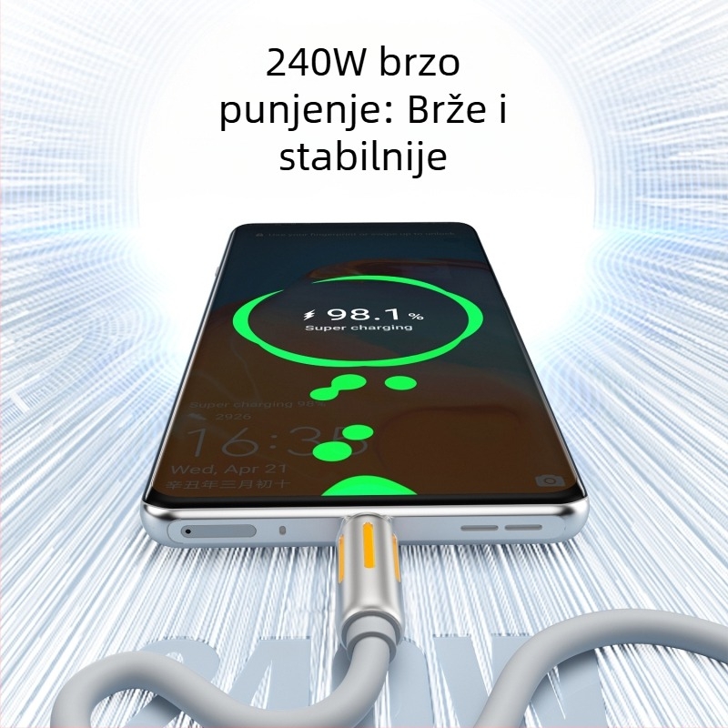 240W silikonski USB-C kabel za Apple, Huawei i Android, prijenosno računalo, tablet i telefon – brzo punjenje, duljina 1–2 m
