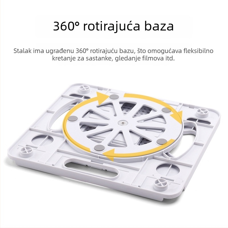 Stalak za prijenosno računalo s 360° rotacijom, sklopiv, podesiva visina, metalna konstrukcija, hlađena podloga.
