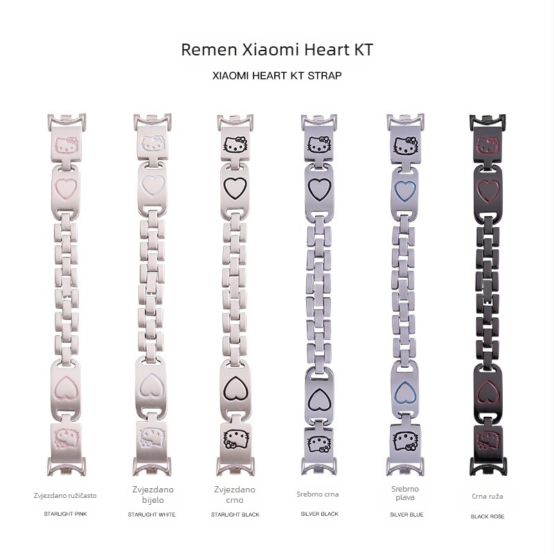 Ružičasti metalni kaiš za Xiaomi Mi Band 8/9 s motivom mačjeg srca – moderan stil