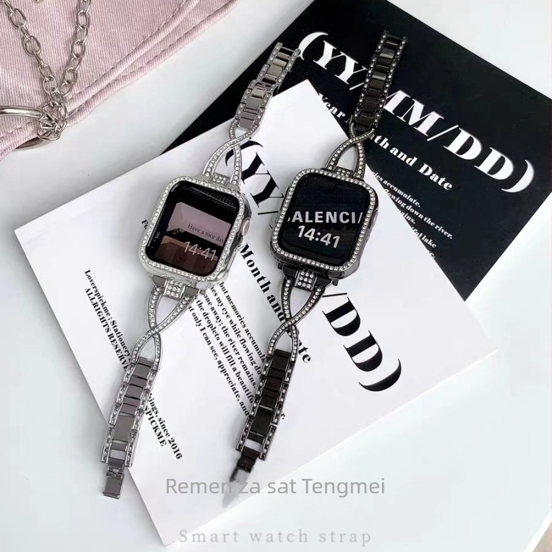 Metalni kaiš za Apple Watch s X-oblikim dvostrukim redovima dijamantnih ukrasa, tanak profil, kompatibilan s Apple Watch Series 8 i 9.