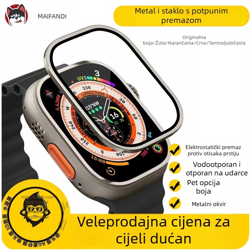 Tvrdo staklo zaštitni film za Apple Watch S8 Ultra s titanijskim okvirom, potpuno prekrivanje, 49mm
