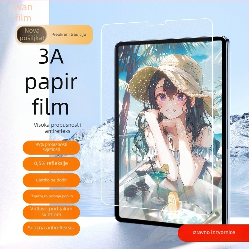 Prednja membrana, Paper-Like film za Apple iPad (Class 3A Paper Film, Frosted, HD, Antibakterijski, Anti-Fingerprint, Full Screen)