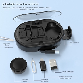 6-u-1 proširivi kabel za brzo punjenje s bežičnim punjenjem za Apple Watch, USB-C i Lightning, teleskopskog dizajna