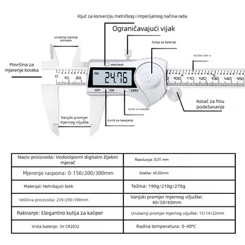 Ninth World industrijske kvalitete IP54 nehrđajući čelik digitalni kaliper s elektroničkim zaslonom