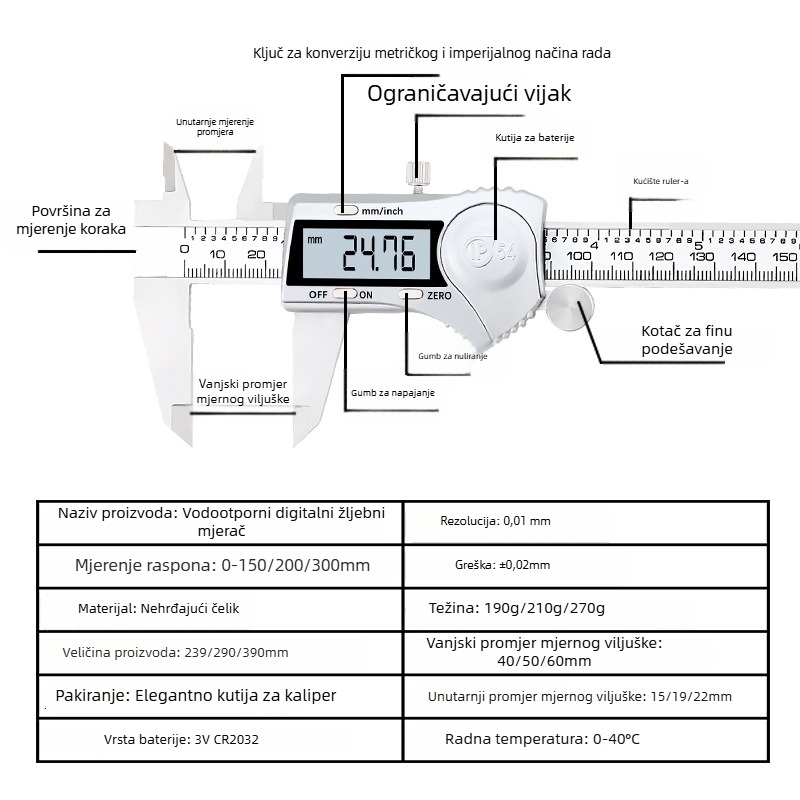 Ninth World industrijske kvalitete IP54 nehrđajući čelik digitalni kaliper s elektroničkim zaslonom