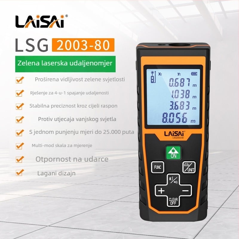 Laserski mjerač udaljenosti, ručni, domet 80 m, visoka preciznost