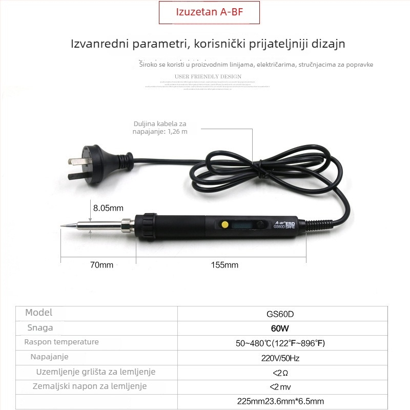A-bf 60W Stanica za lemljenje s digitalnim prikazom i kontrolom temperature, 1 vrh, 220V