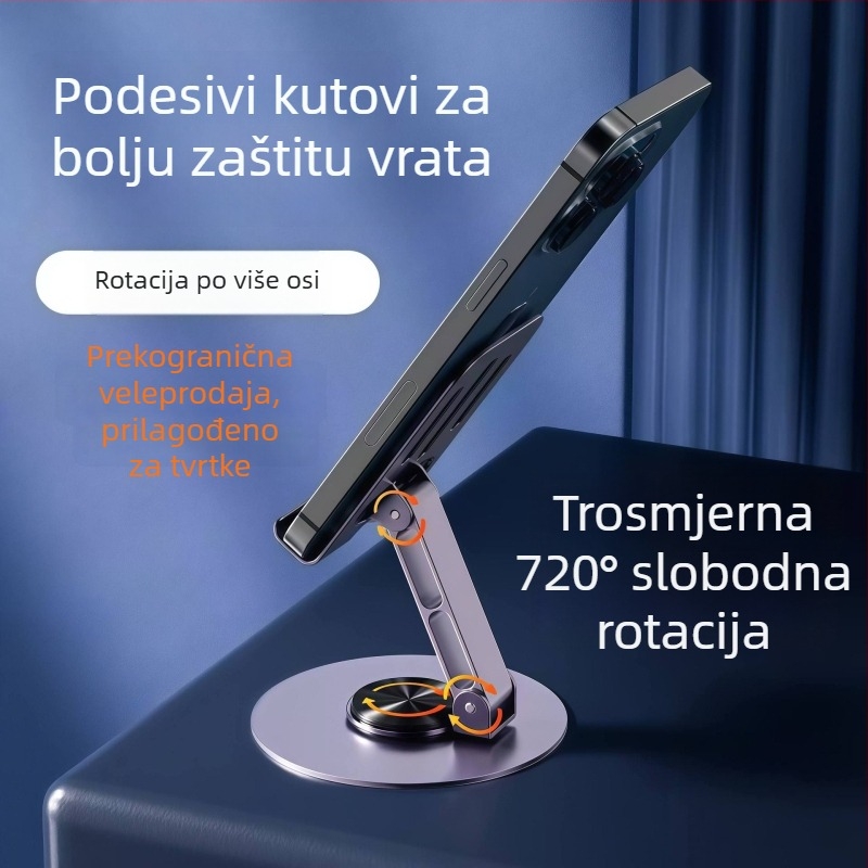 Potpuno metalni okretni nosač za telefon i tablet, višenamjenski sklopivi stalak s perforiranim dizajnom za disipaciju topline, stolni sklopivi stalak