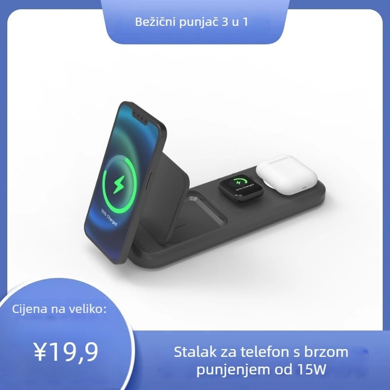 3-u-1 bežični punjač za telefon, sat i slušalice – 15W bežično punjenje, QC3.0, izlaz 5V/2A, 9V/2A, 12V/2A, ukupna snaga 22W