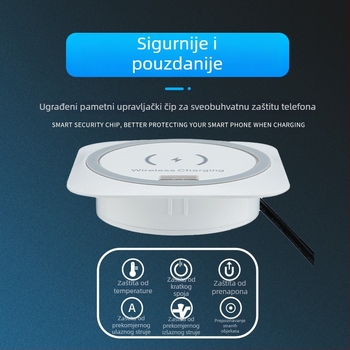 Ugrađeni bežični punjač za stol s USB-A i USB-C, 15W Qi, otvor za montažu 60 mm, brzo punjenje QC3.0
