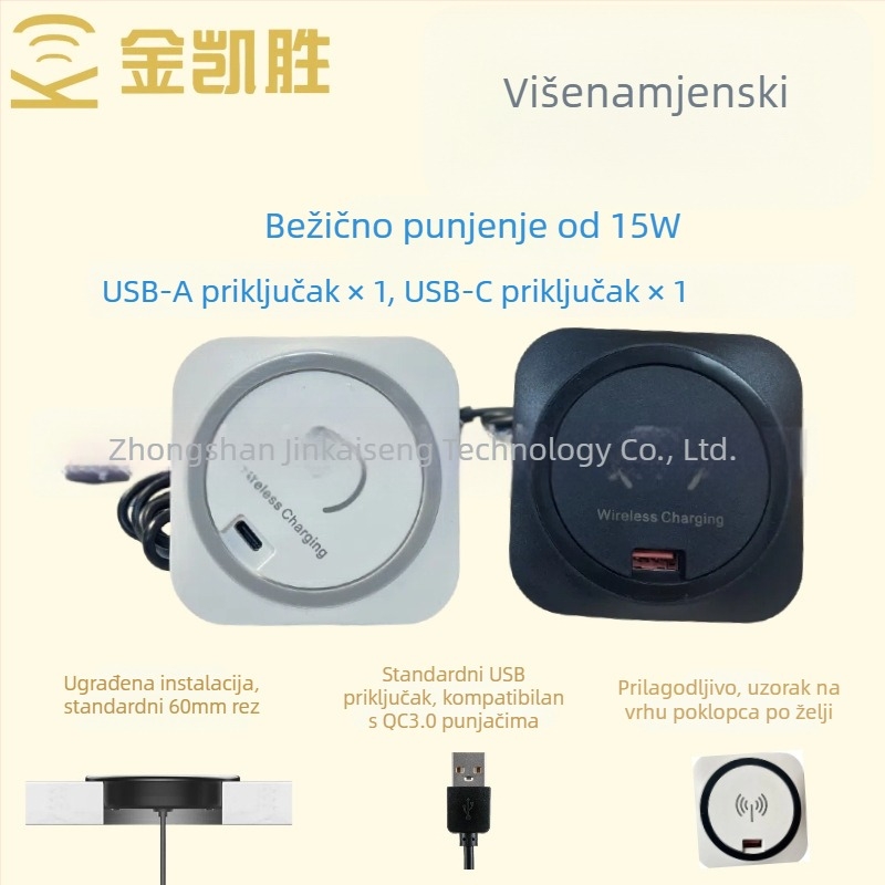 Ugrađeni bežični punjač za stol s USB-A i USB-C, 15W Qi, otvor za montažu 60 mm, brzo punjenje QC3.0