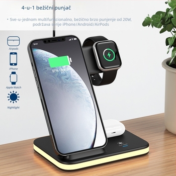 Uspravni 4-u-1 bežični punjač, 15W brzo punjenje PD, za telefon, sat i Bluetooth slušalice, s LED svjetlom