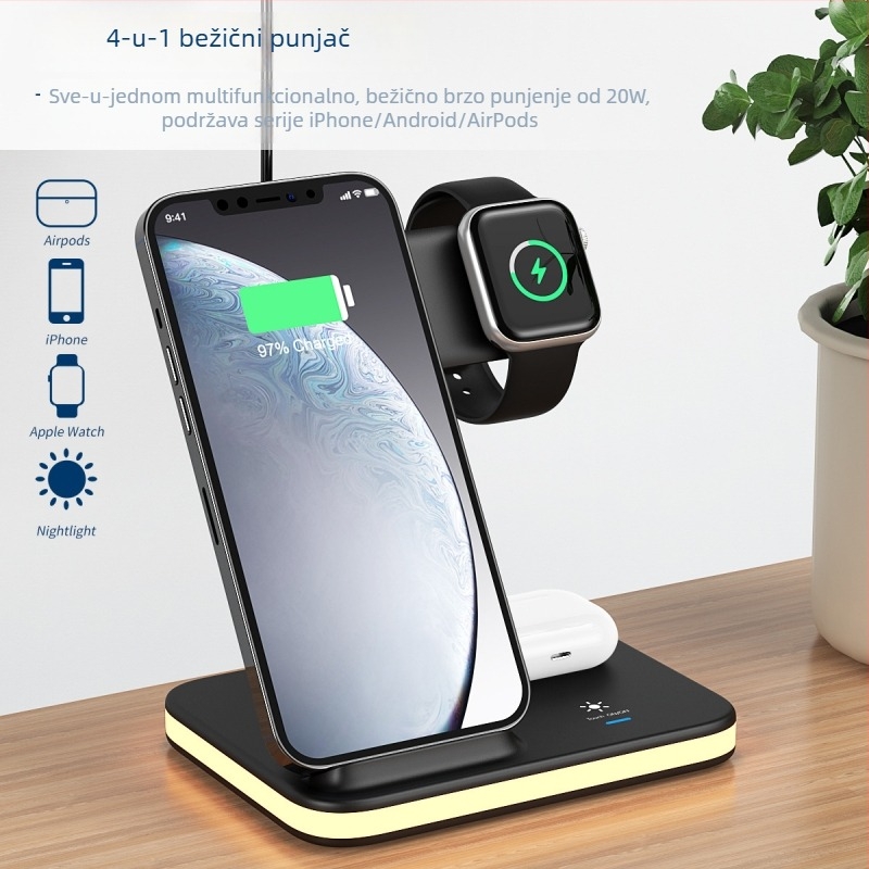 Uspravni 4-u-1 bežični punjač, 15W brzo punjenje PD, za telefon, sat i Bluetooth slušalice, s LED svjetlom