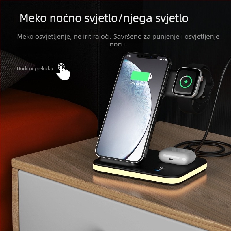 Uspravni 4-u-1 bežični punjač, 15W brzo punjenje PD, za telefon, sat i Bluetooth slušalice, s LED svjetlom