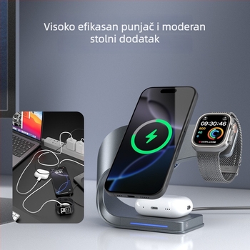 Bežično punjenje s poluvodičkim hlađenjem, magnetska 3-u-1 držač, 15W bežično punjenje, PD brzo punjenje, ukupna snaga 33W