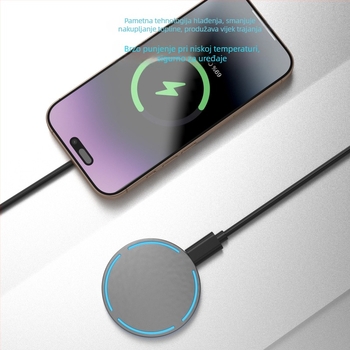 Bežični magnetni punjač od cinkovog legura, kompatibilan s iPhone 17 i Samsung uređajima, 15W, QC 3.0, ambientno osvjetljenje