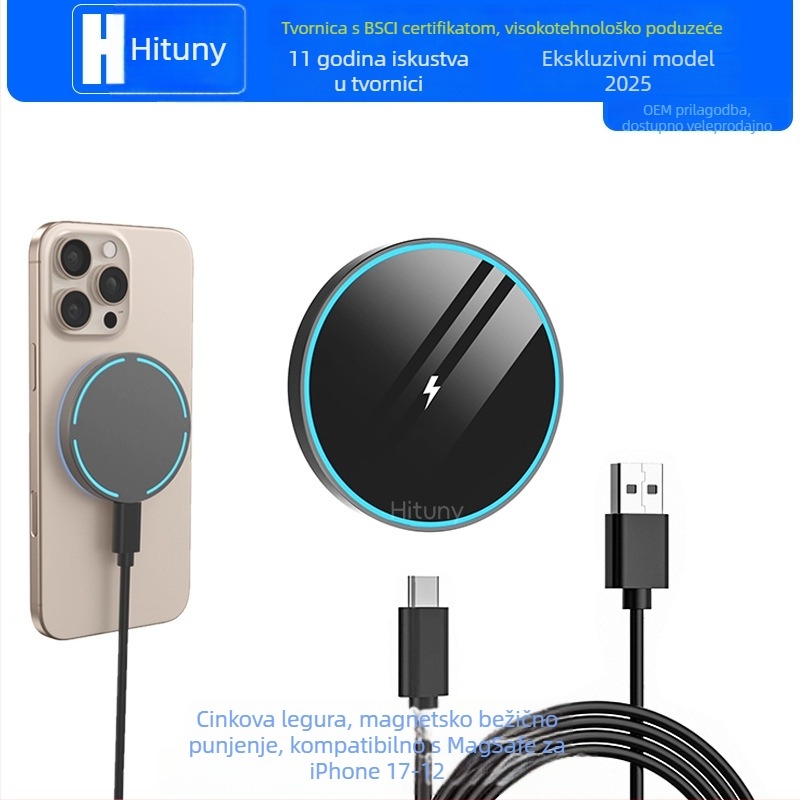 Bežični magnetni punjač od cinkovog legura, kompatibilan s iPhone 17 i Samsung uređajima, 15W, QC 3.0, ambientno osvjetljenje
