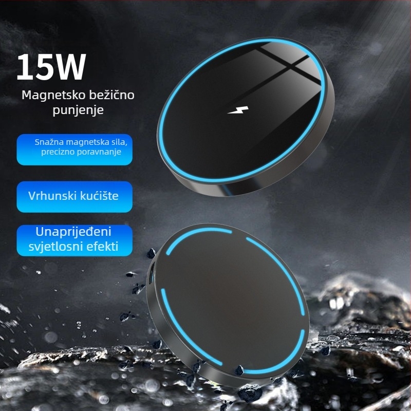 Bežični magnetni punjač od cinkovog legura, kompatibilan s iPhone 17 i Samsung uređajima, 15W, QC 3.0, ambientno osvjetljenje