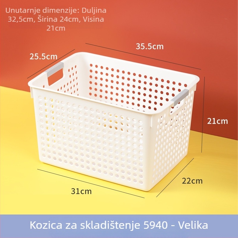 Plastična košara za pohranu s ručkom – model 5940, brand Rice Wood, pogodna za organiziranje uredskih potrepština, kozmetike, knjiga i sitnica