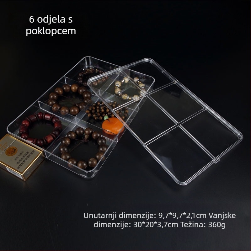 Prozirna akrilna kutija s 18 odjeljaka za pohranu perli, sa srebrnim zatvaračem i izložbenim pladnjem