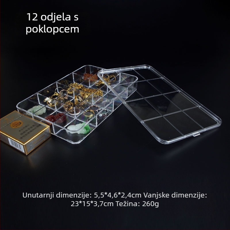Prozirna akrilna kutija s 18 odjeljaka za pohranu perli, sa srebrnim zatvaračem i izložbenim pladnjem