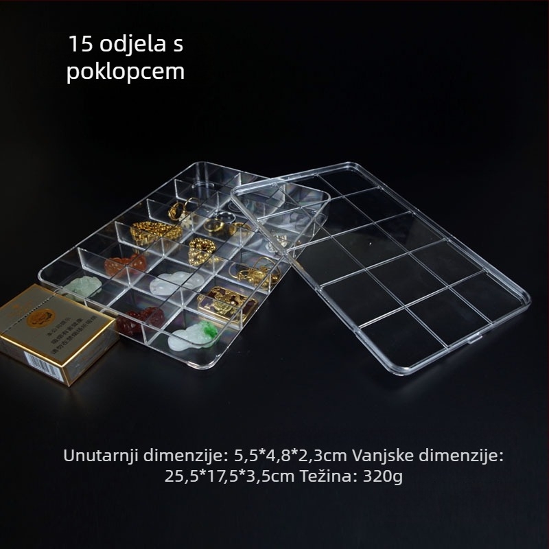 Prozirna akrilna kutija s 18 odjeljaka za pohranu perli, sa srebrnim zatvaračem i izložbenim pladnjem