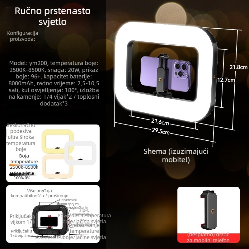Prijenosno LED svjetlo u obliku prstena za live streaming i portretno fotografiranje – ugrađena baterija, 10–50W, 5V, prilagodljivo, autorizirana privatna marka Zc.ltd