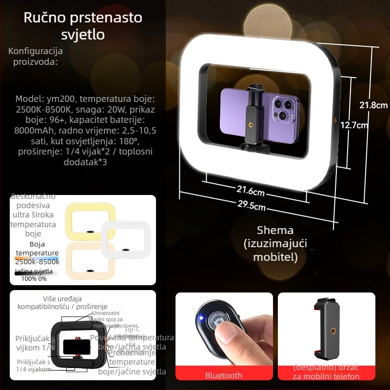 Prijenosno LED svjetlo u obliku prstena za live streaming i portretno fotografiranje – ugrađena baterija, 10–50W, 5V, prilagodljivo, autorizirana privatna marka Zc.ltd