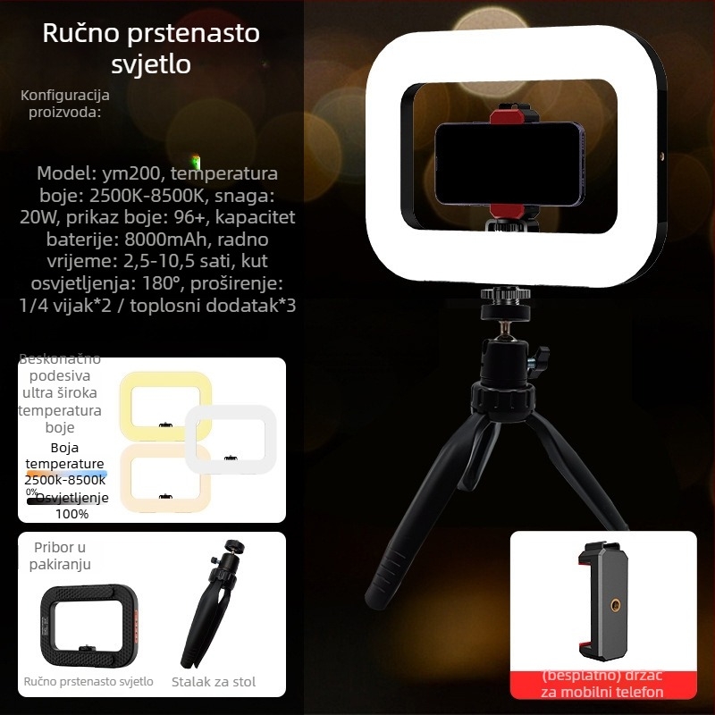 Prijenosno LED svjetlo u obliku prstena za live streaming i portretno fotografiranje – ugrađena baterija, 10–50W, 5V, prilagodljivo, autorizirana privatna marka Zc.ltd