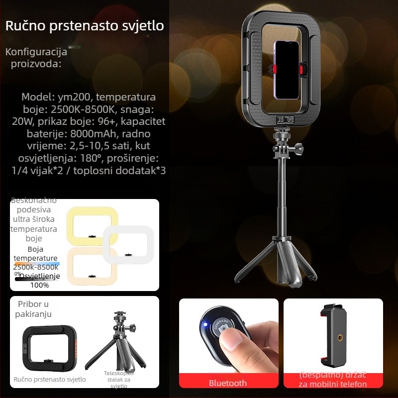 Prijenosno LED svjetlo u obliku prstena za live streaming i portretno fotografiranje – ugrađena baterija, 10–50W, 5V, prilagodljivo, autorizirana privatna marka Zc.ltd