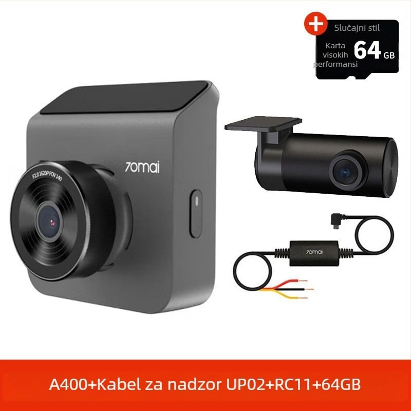 70Mai A400 automobilski video registrator: Panoramski dvostruki objektiv za nadzor parkiranja, 120°, 1600P, 5MP, otvor blende F2.0, TF kartica