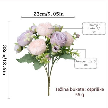 Umjetni cvjetni buket — 5 ružnih glavica, korejski stil, persijski božur, suhi i svile materijali, ubrizgano oblikovanje