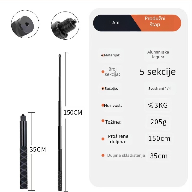 Bullet Time držač za selfie štap s rotirajućim snimanjem, 5-sekcijski aluminijski spoj, nosivost 2–5 kg