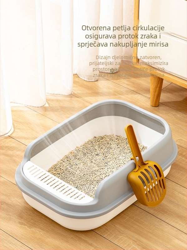 Kutija za mačji izmet s poluzatvorenim dizajnom, otvoreni vrh, plastična konstrukcija protiv prskanja