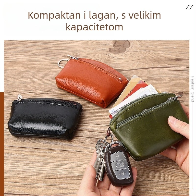 Novčanik od kože prvog sloja govedine, s pretincima za novčiće, kartice i ključeve — gradski stil