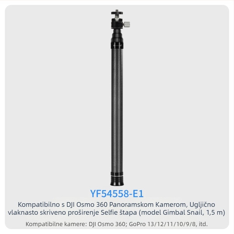 7-segmentna teleskopna selfie palica od karbonskih vlakana i aluminijske legure, s 1/4 inčnim navojem i za akcijsku kameru, nosivost ispod 2 kg