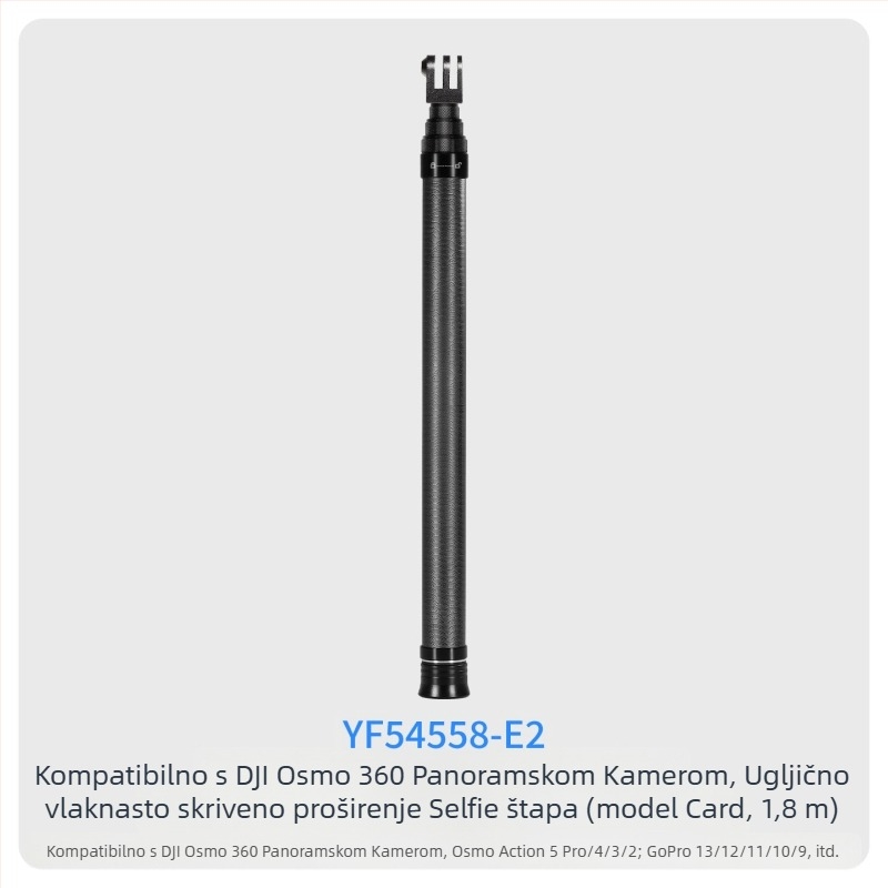 7-segmentna teleskopna selfie palica od karbonskih vlakana i aluminijske legure, s 1/4 inčnim navojem i za akcijsku kameru, nosivost ispod 2 kg