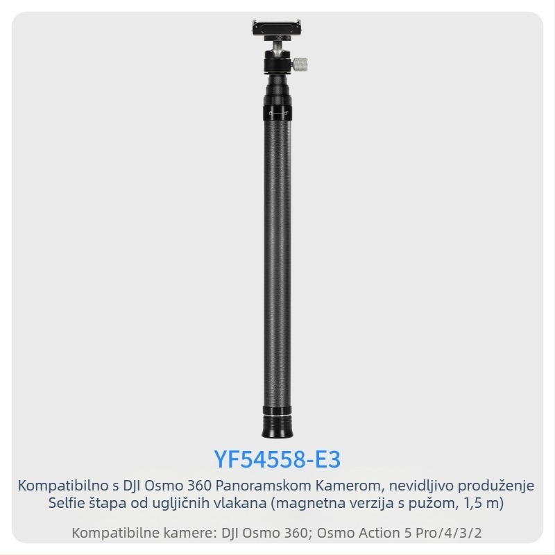 7-segmentna teleskopna selfie palica od karbonskih vlakana i aluminijske legure, s 1/4 inčnim navojem i za akcijsku kameru, nosivost ispod 2 kg