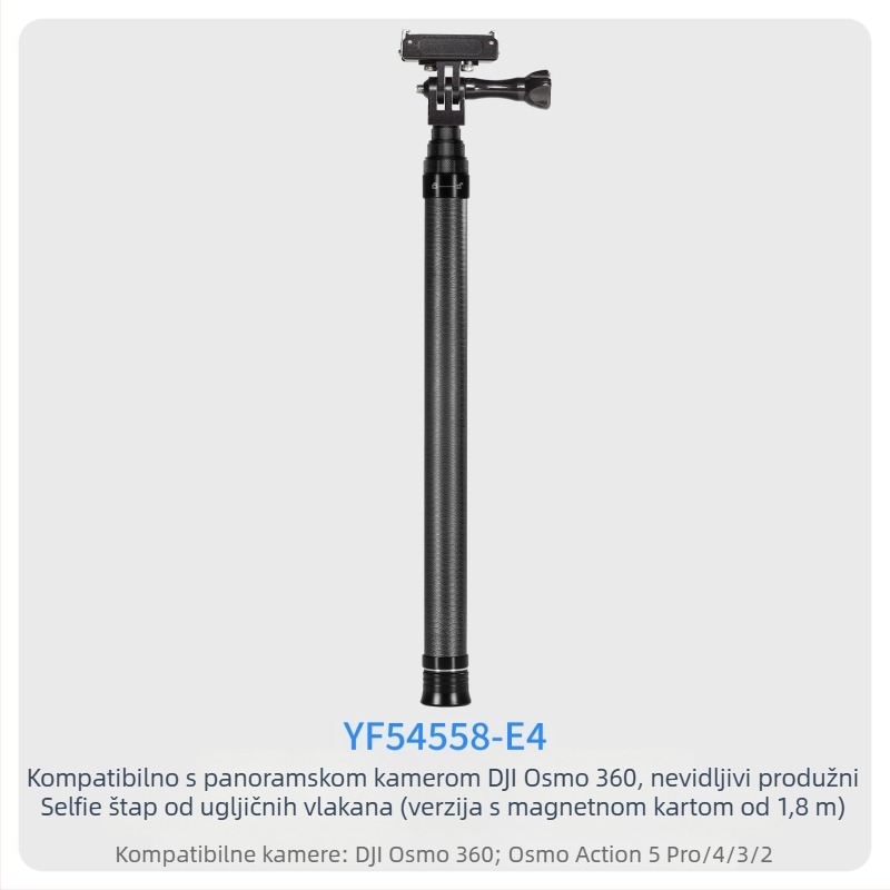 7-segmentna teleskopna selfie palica od karbonskih vlakana i aluminijske legure, s 1/4 inčnim navojem i za akcijsku kameru, nosivost ispod 2 kg